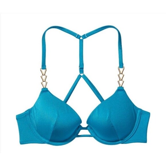 Victoria’s Secret Blue Push Up Bikini Set 34C Top & Medium Bottom Gold Accent - Picture 2 of 7
